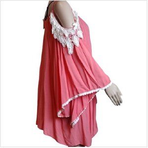 Noa Elle Shark-Bite Crochet Trim Coral Top